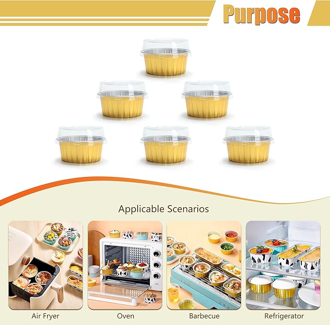Aluminum Cups with Lids, 4.2oz 50Pcs Gold Disposable Cake Pans with Lids, Creme Brulee Cups, Mini Cake Pans for Party, Wedding, Birthday