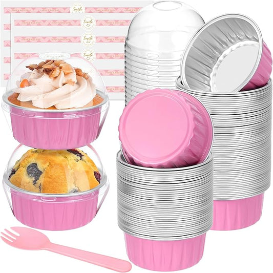 Mini Cake Pans with Lids and Spoons (100 Pack,Pink,5oz) Round Disposable Ramekins - Sturdy Aluminum Foil Cupcake Liners with Lids for Dessert and Party