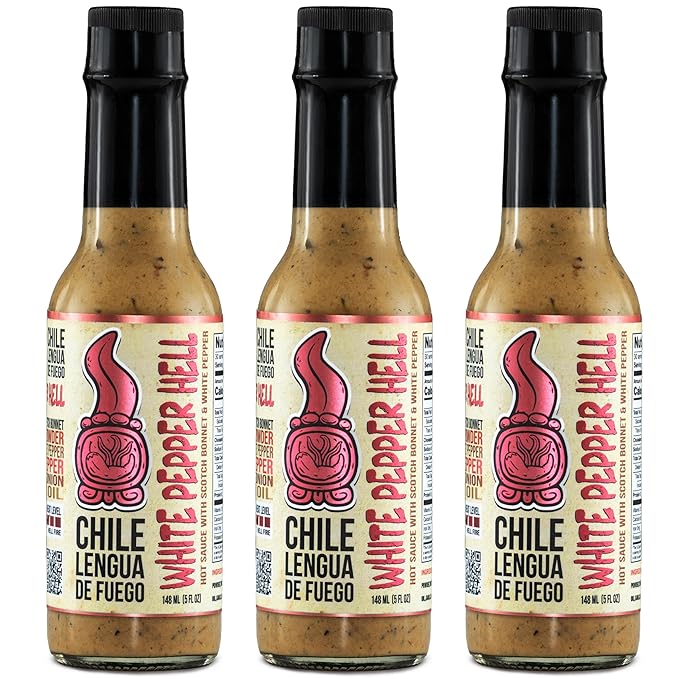 Hot Sauce | Chile Lengua de Fuego (Pack of 3, White Pepper Hell) – Super Hot White Pepper, Garlic & Thyme Gourmet Sauce with Olive Oil & Smoked Onion