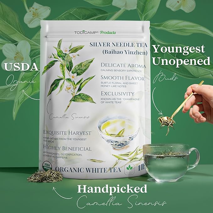 TODICAMP White Tea Organic Silver Needle Tea - 1 lb of Premium Silver Needle White Tea - Rich in Antioxidants Organic White Tea Loose Leaf White Tea Leaves
