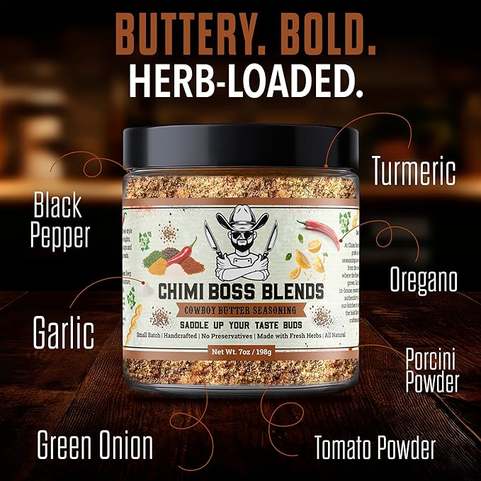 Chimi Boss Blends Cowboy Butter Seasoning, 7oz ??Garlic Herb Butter Dry Rub for Grilling, Smoking & BBQ ??Gourmet Small-Batch Spice Blend for Steak, Chicken, Seafood & Vegetables ??Made in USA