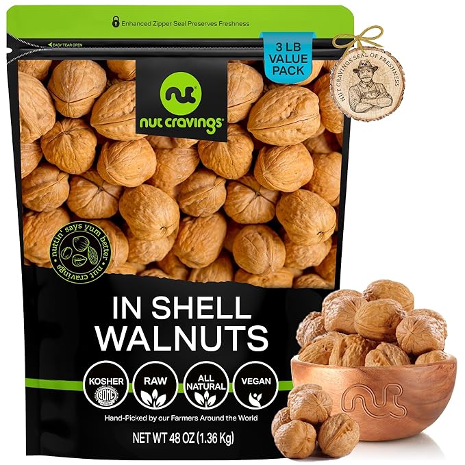NUT CRAVINGS - Raw Walnuts In Shell, Whole, (48oz - 3 LB) Packed Fresh in Resealable Bag - Nut Snack - Food Assortments Ideal for Trail Mixed Nuts