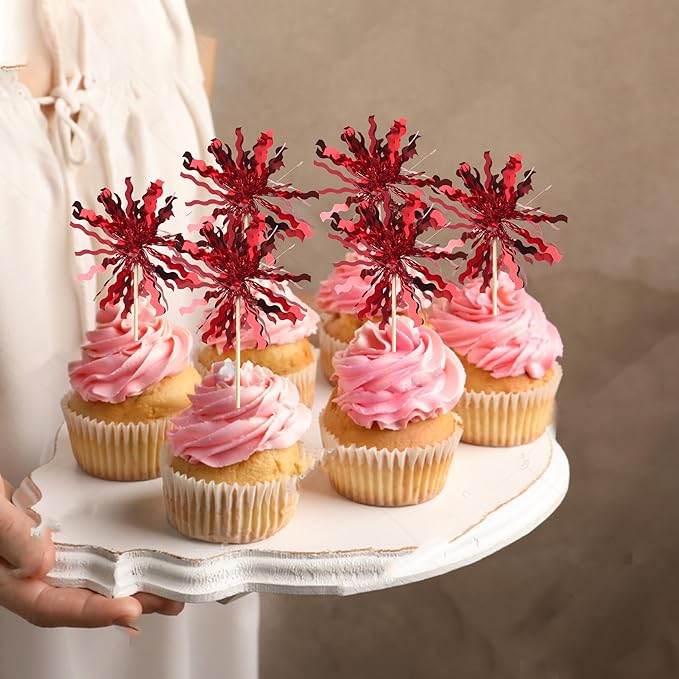 Rsstarxi 30 Pack Red Foil Firework Cupcake Toppers Red Sparkle Tinsel Drink Cake Decorations Cocktail Food Toothpicks for Happy Valentine's Day Birthday Wedding Graduation Party Decorations