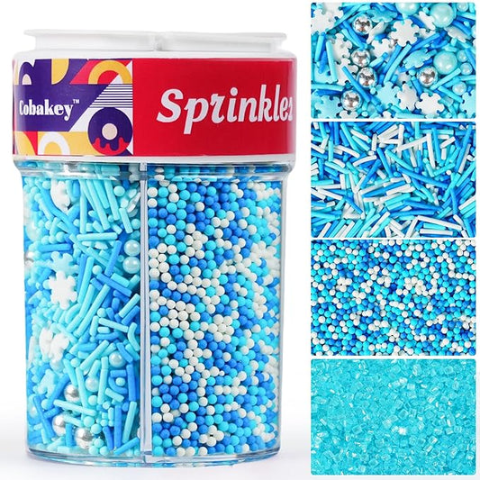 Blue and White Sprinkles for Cake Decorating 6.5oz Edible Snowflake Pearls Sugar Jimmies Nonpareils Sanding Sugar Sprinkle Mix, Winter Sprinkles for Cupcakes, Cookies, Ice Cream Christmas Baby Shower, Hanukkah