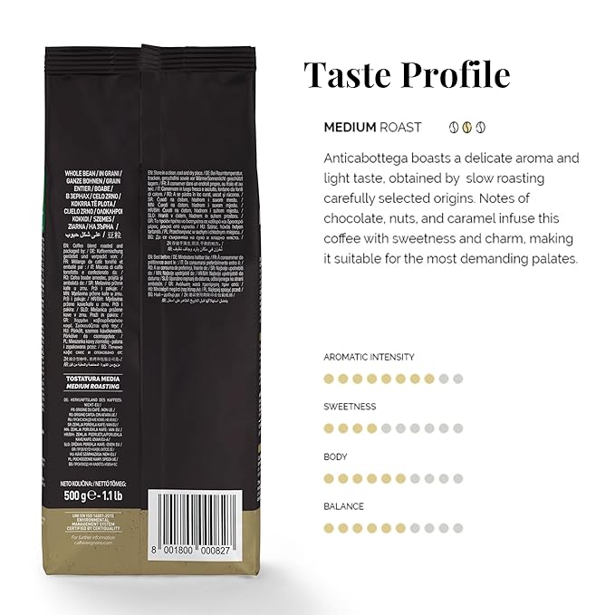 Caffe Vergnano 1882 Antica Bottega Whole Bean Arabica Medium Roast Espresso, 1.1 lbs Bag - Italian Coffee Beans with notes of Chocolate, Nuts & Caramel, Intensity 5/10-500g Bag