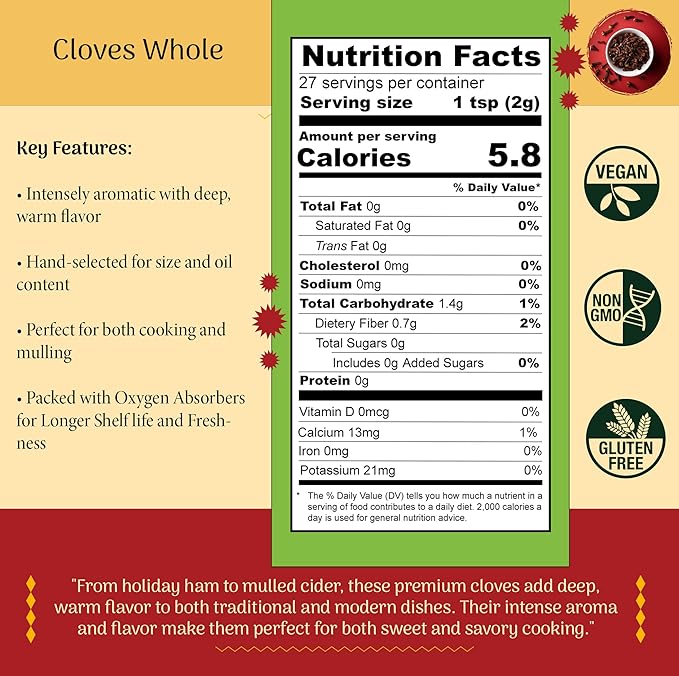 Shubhaavya Premium Whole Fresh Cloves 1.9oz (55g) - NON-GMO | All Natural | Gluten Free | Hand-Selected Whole Spice