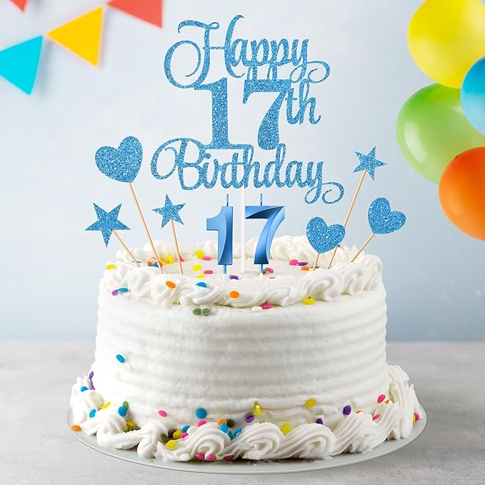 17th Birthday Cake Decorations, 17th Birthday Candles Cake Numeral Candles and Glitter Happy 17th Birthday Cake Toppers Set for Birthday Party Supplies (Blue)