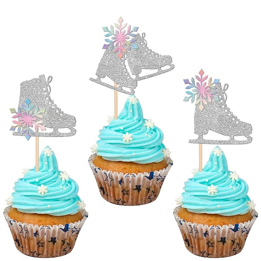 24 PCS Ice Skating Cupcake Toppers Glitter Ice Sports Snowflake Cupcake Picks for Skating Theme Baby Shower Kids Birthday Party Cake Decorations Supplies Silver