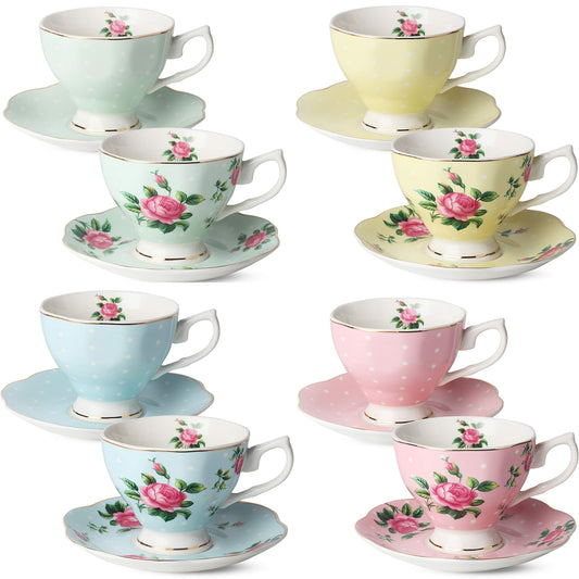 BTaT- Floral Tea Cups and Saucers, Set of 8, 8 oz