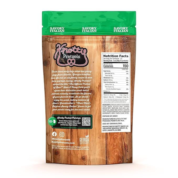 Knotty Pretzels ?쏷he Official Pretzel of Beer??7.5 oz Individual Seasoned Pretzels in Resealable Pretzel Snack Bags, The Perfect Pairing for Beer, Savory Italian Flavor (6-Pack)