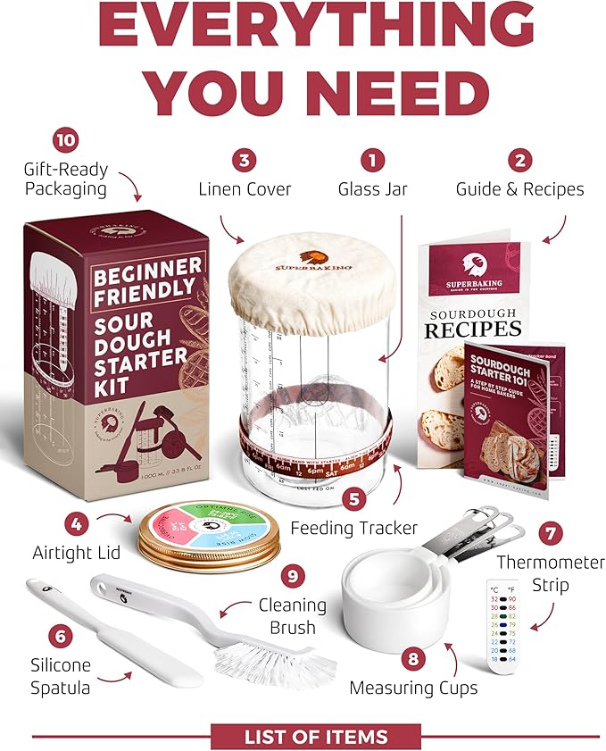 Superbaking Sourdough Starter Jar, Beginner Sourdough Starter Kit, 34oz Wide Mouth Sour Dough Glass Jar with Guides & Recipes, Sourdough Bread Baking Supplies, Sourdough Container Crock
