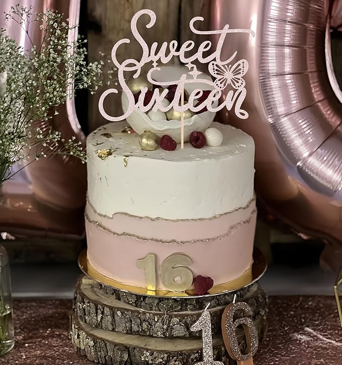 Sweet Sixteen Cake Topper - Rose Gold Glitter Butterfly Theme Sweet 16 Birthday Cake Decorating Supplies for Girls, Sweet 16 Cake Topper for Happy 16th Birthday Party Supplies Photo Booth Props