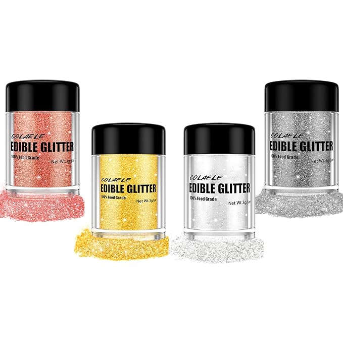 Edible Glitter for Drinks Cakes Christmas Set - Colaele 4 Colors Shimmering Luster Dust Disco Glitter Food Grade Metallic Food Coloring Glimmer for Strawberries, Chocolates, Fondant, Pops, Vegan