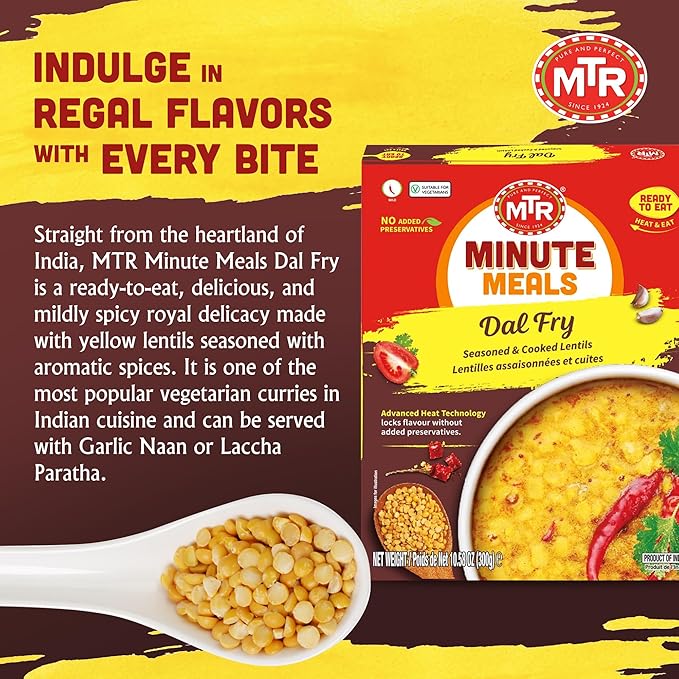 MTR - Minute Meals: Dal Fry - Flavorful Seasoned & Cooked Lentils - Authentic Indian Ready-To-Eat Meal - No Added Preservatives - A Quick Meal Suitable for Vegetarians, Ready in Minutes! (Pack of 6)