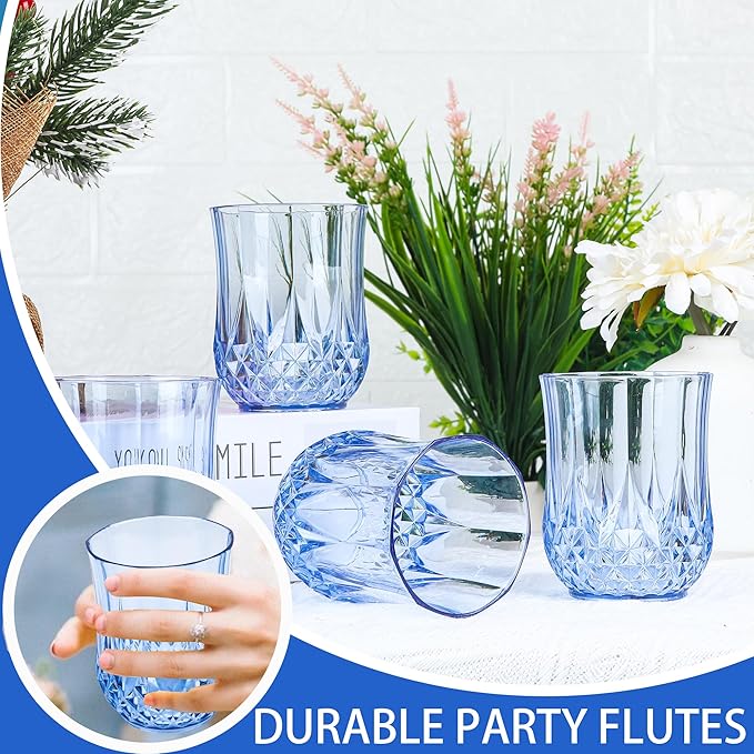 12 PCS Blue Stemless Wine Glasses，Plastic Reusable Cups 9OZ Vintage Drinking Glasses Tumblers for Whisky, Beer, Juice, Beverages, Cocktai