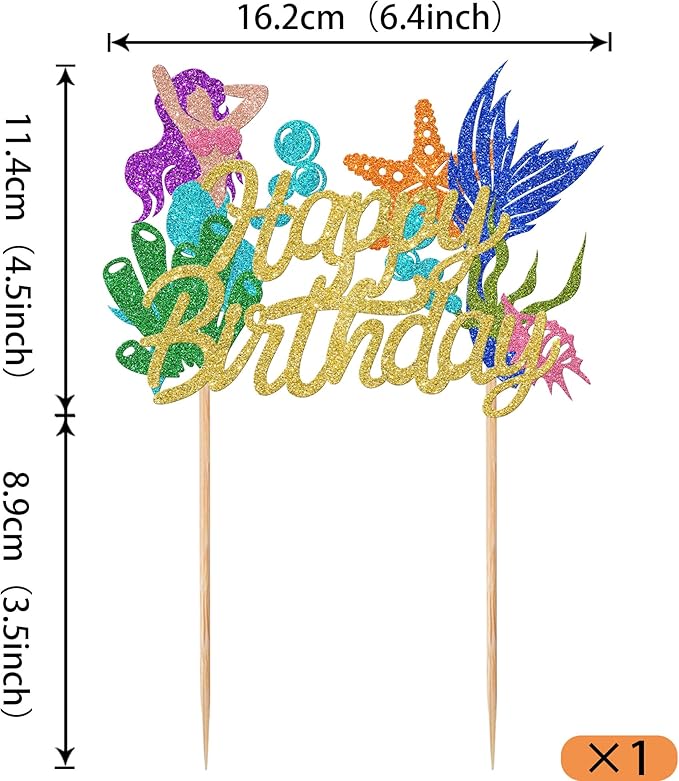 1 Pack Mermaid Cake Topper Happy Birthday Cake Pick Ocean Sea Seahorse Starfish Mermaid Tail Cake Decoration for Summer Baby Shower Kids Birthday Party Supplies Gold