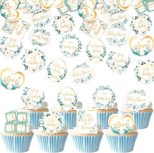 64 PCS Edible Oh Baby Cupcake Toppers Wafer Paper Love Baby Shower Cake Decorations Edible Baby in Bloom Welcome Baby Boy Cupcake Picks for Baby Shower Boys Birthday Party Decorations Supplies