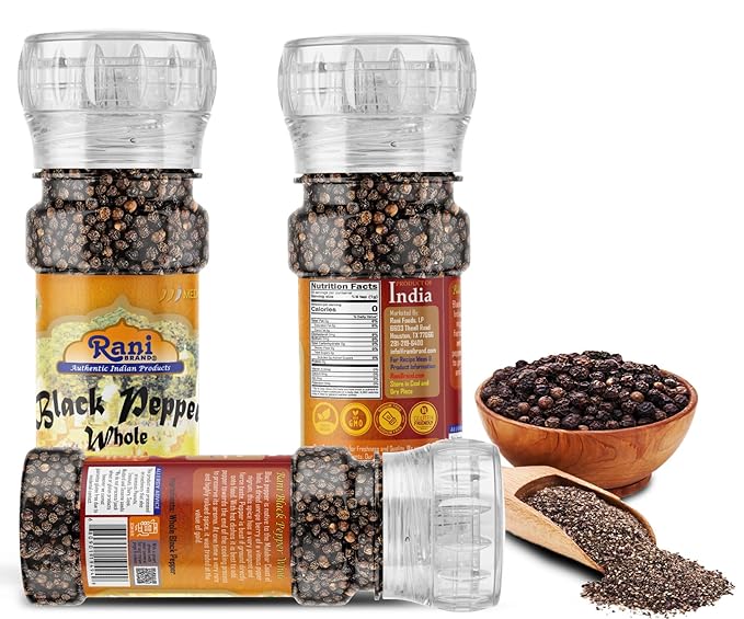 Rani Black Pepper Whole (Peppercorns), Premium MG-1 Grade 1.8oz (51g) Grinder Bottle ~ All Natural | Gluten Friendly | Non-GMO | Kosher | Product of Vietnam | Perfect size for Grinders!