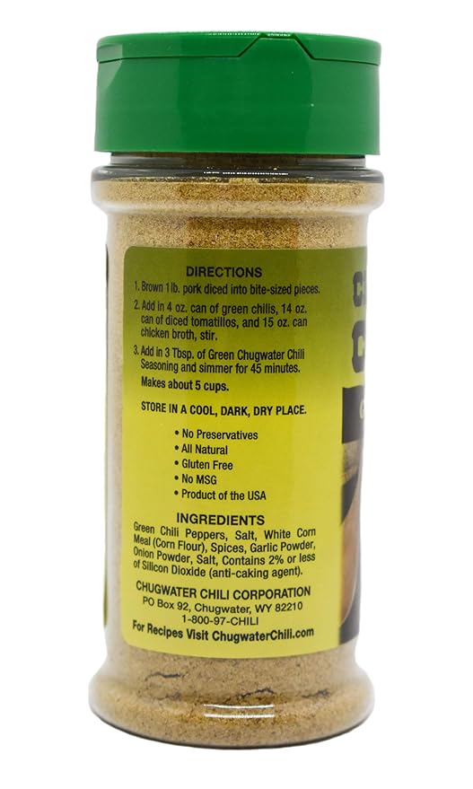 Chugwater Chili | Gourmet Green Chili Seasoning Mix | 4oz Bottle | Wyoming State Championship Chili Recipe | Secret Blend 12 Spices | All Natural, Gluten Free, No MSG & No Preservatives