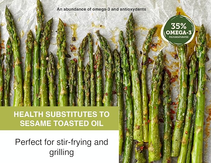 Signé Caméline, Cold-Pressed Roasted Camelina Oil, 16.90 fl oz. Sesame oil substitute. Notes of Roasted hazelnuts, Asian cuisine, Ramen noodles, Sushi, Sautés. Product of Canada.