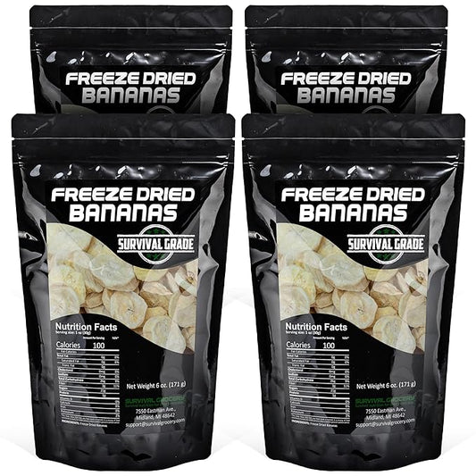 Survival Grocery® Freeze Dried Bananas - Gluten-Free, Unsweetened Banana Chips - Vitamin C & Fiber Rich Snack, Long Shelf Life, Natural Freeze Dried Fruit For Oatmeal, Granola, Smoothies, Baking Or On-the-go Snacking (24 oz./4 Bags)