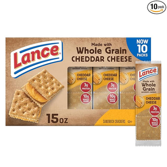 Lance Sandwich Crackers, Made with Whole Grain Crackers, Cheddar Cheese, 10 Packs, 6 Sandwiches Each