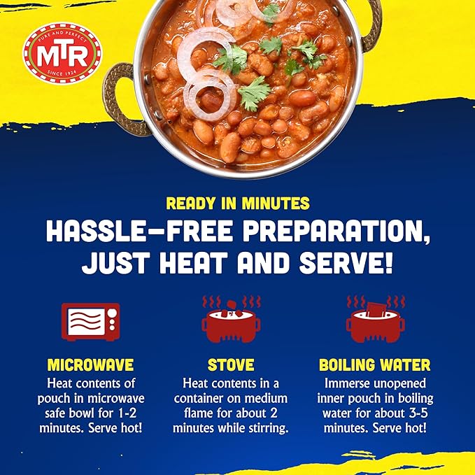 MTR - Minute Meals: Rajma Masala - Red Kidney Beans in Spiced Gravy - Authentic Indian Ready-to-Eat Meal - No Added Preservatives - A Quick Meal Suitable for Vegetarians, Ready in Minutes! (Pack of 6)