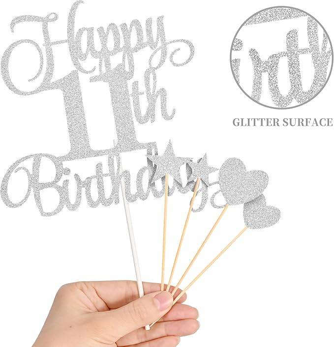 11th Birthday Cake Decorations, 11th Birthday Candles Cake Numeral Candles and Glitter Happy 11th Birthday Cake Toppers Set for Birthday Party Supplies (Silver)