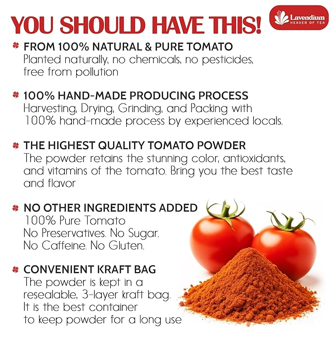 Lavendium, Premium 1.56 lbs (25oz) Tomato Powder ??100% Pure Dehydrated Tomato ??Non-GMO, Vegan, Gluten-Free, No Additives ??Rich Color & Flavor ??Great for Cooking, Seasoning, Sauces & More