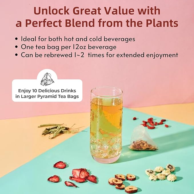 FOODHO Fruit & Herbal Tea Blend for Beauty – With Strawberry, Red Dates, Goji Berries & Chrysanthemum – Caffeine Free, Sugar Free, 10 Sustainable Tea Bags
