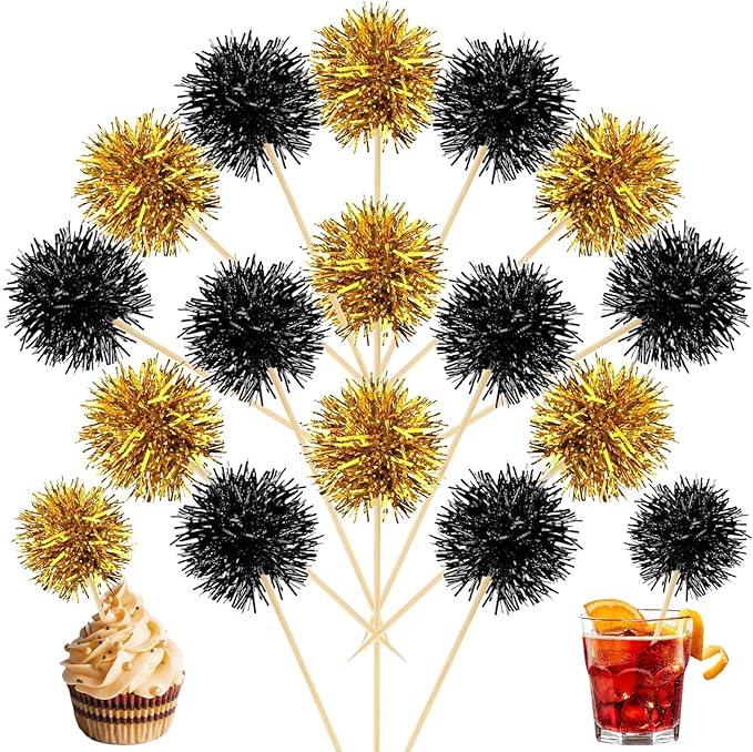 MEMOVAN Foil Firework Cupcake Toppers 100PCS Sparkle Tinsel Cake Toppers Tinsel Drink Stirrer Gold Black Cake Cupcake Decoration Cocktail Picks for Birthday Wedding Graduation Party Supplies