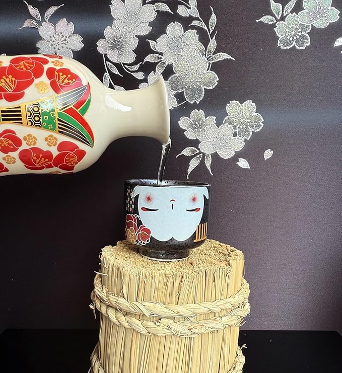 Japanese Traditional Kokeshi Design Sake Wine Soju Ceramic Set with 1 Ochoko Cup and 1 Tokkuri Bottle Gifts (Kokeshi Kiku Komachi)
