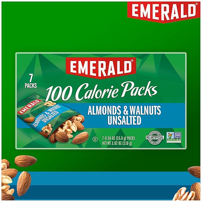 Emerald Nuts Unsalted Almonds and Walnuts 7 Ct (1-Pack), 100-Calorie Individual Packs of Nut Blend, Kosher Certified, Non-GMO, Contains No Artificial Preservatives, Flavors or Synthetic Colors