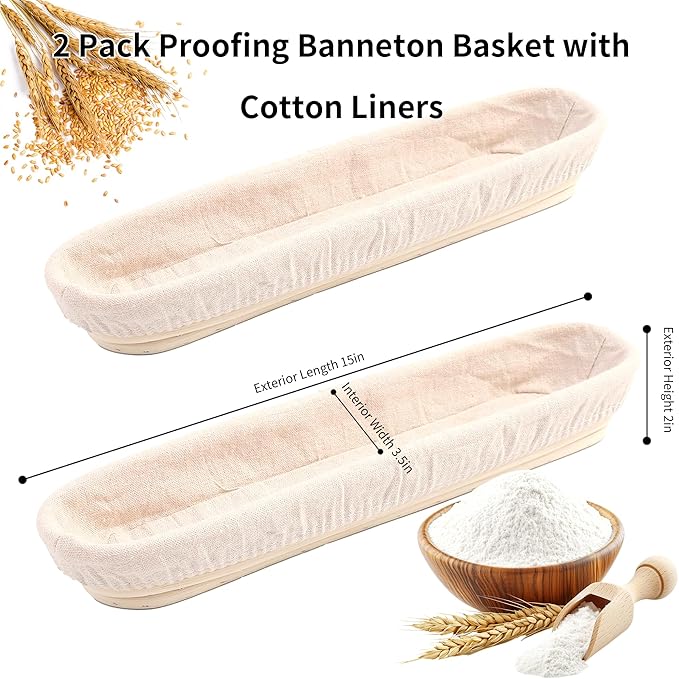 Banneton Bread Proofing Basket - 15 Inch Baguette Sourdough Bread Basket with Liner - Set of 2- Natural Rattan