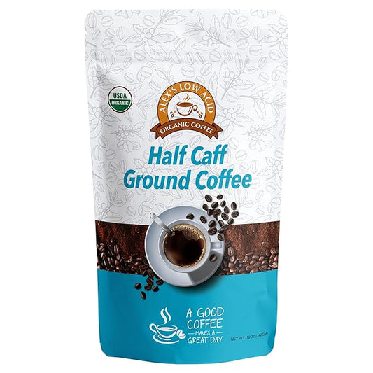 Alex's Low Acid Organic Coffee 12oz Bag - Half Caff Fresh Ground (Pack of 1)