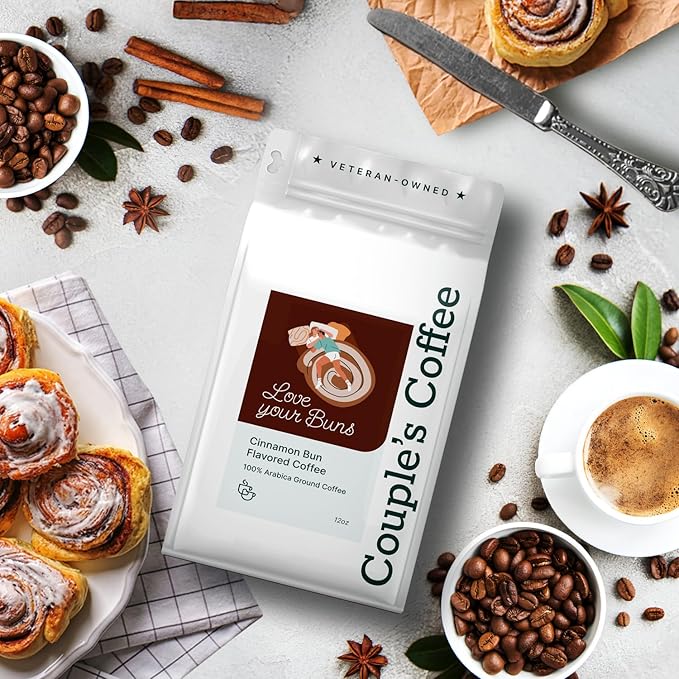 Couple?™s Coffee Ground Coffee | Gives Back to Military Families | Love Your Buns | Medium Roast Cinnamon Bun Flavored Coffee | Made with 100% Arabica Beans | 12oz bag brews about 34 cups
