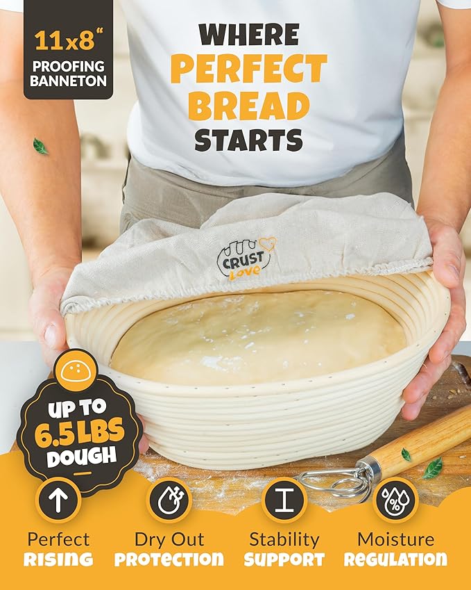 Dutch Oven for Bread Baking - incl. Sourdough Bread-Baking Supplies like Banneton Bread-Proofing Basket - 6.75QT Enameled Oval Cast Iron Bread-Oven with Lid, Baking Pan, Scoring Tool, Lame