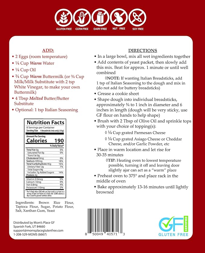 Mom's Place Gluten-Free Buttery Breadsticks Mix, Easy to Make, Nut Free, Dairy Free, Soy Free, Makes 8-12 Breadsticks, 15.5 oz