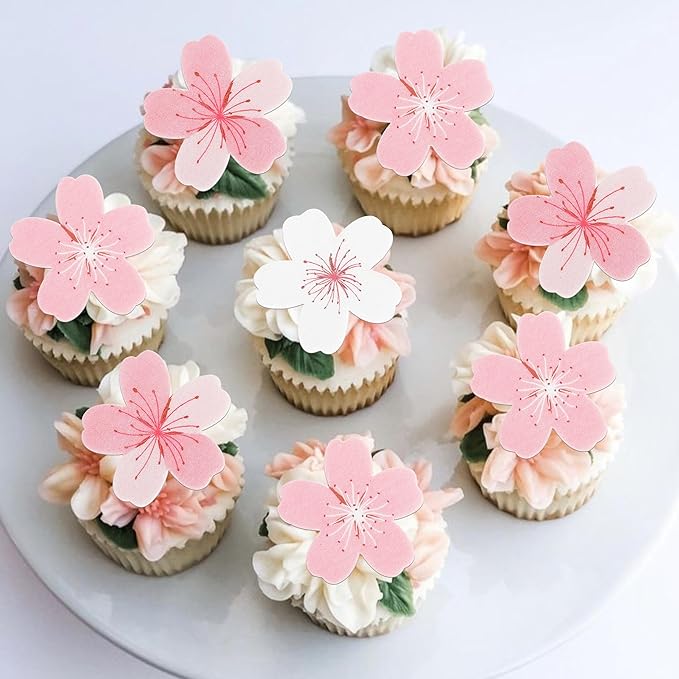 Rsstarxi 60 Pack Edible Cherry Blossoms Cupcake Toppers Rice Paper Cherry Blossoms Flowers Cupcake Picks for Baby Shower Wedding Birthday Party Cake Decorations Supplies