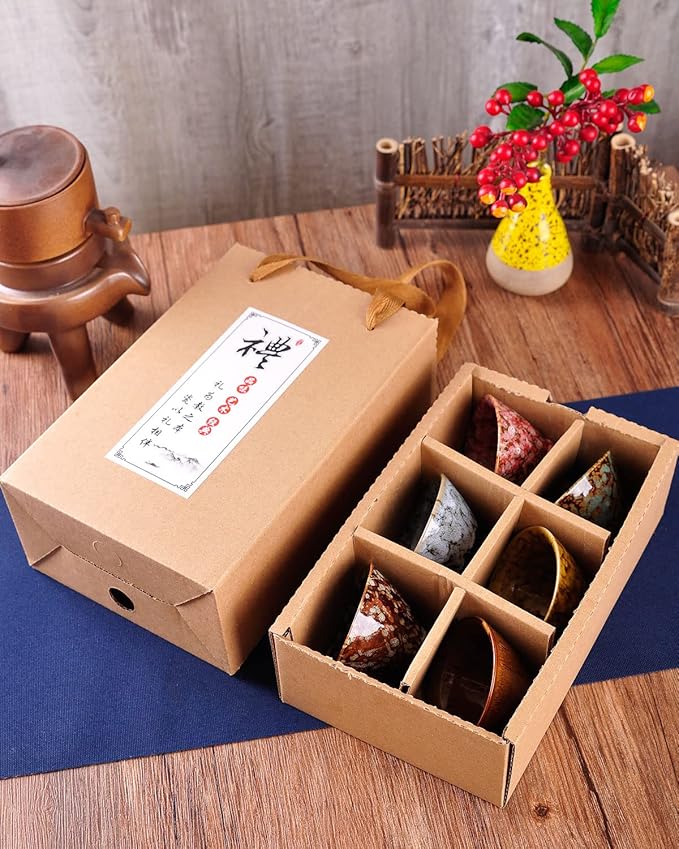 WHJY Ceramic, Japanese Sake Cups, Traditional Chinese Kung Fu Tea cups set Kiln Change Glazed. set of 6, 60ml/2oz