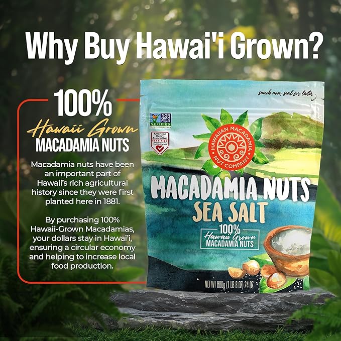 Hawaiian Macadamia Nut Company Dry Roasted Macadamia Nuts with Sea Salt 24 Oz, Source of Fiber, Gluten-Free and Certified Non-GMO, Premium Quality, Crunchy and Delicious