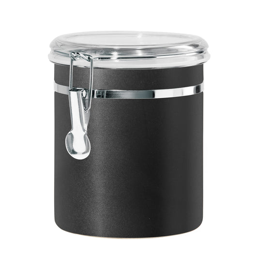 Oggi Stainless Steel Kitchen Canister 47 fl oz, Black - Airtight Clamp Lid, Clear See-Thru Top