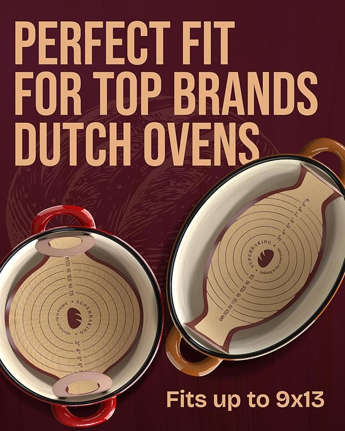 Superbaking Silicone Bread Sling 2 Pcs - 9in Round & Oval 482F Heat Resistant Dough Lifter, Non-Stick Dutch Oven Liners, Long Handles, Reusable Sourdough Bread Baking Supplies, Sourdough Gifts