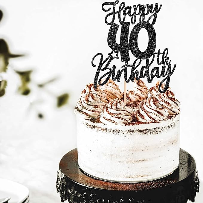 1 PCS Happy 40th Birthday Cake Topper Glitter Cheers to 40 Years Birthday Cake Pick Forty Hello 40 Fabulous Cake Decoration for Happy 40th Birthday Anniversary Party Decorations Supplies Black
