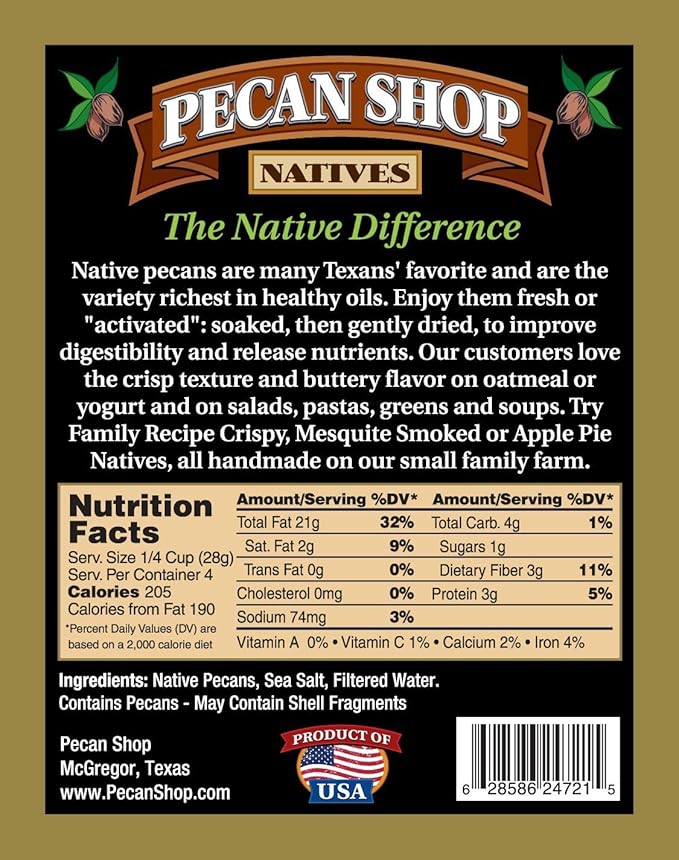 Native Pecan Halves, Family Recipe Crispy, Soaked and Dried with Sea Salt, Bulk 19.9 Lb