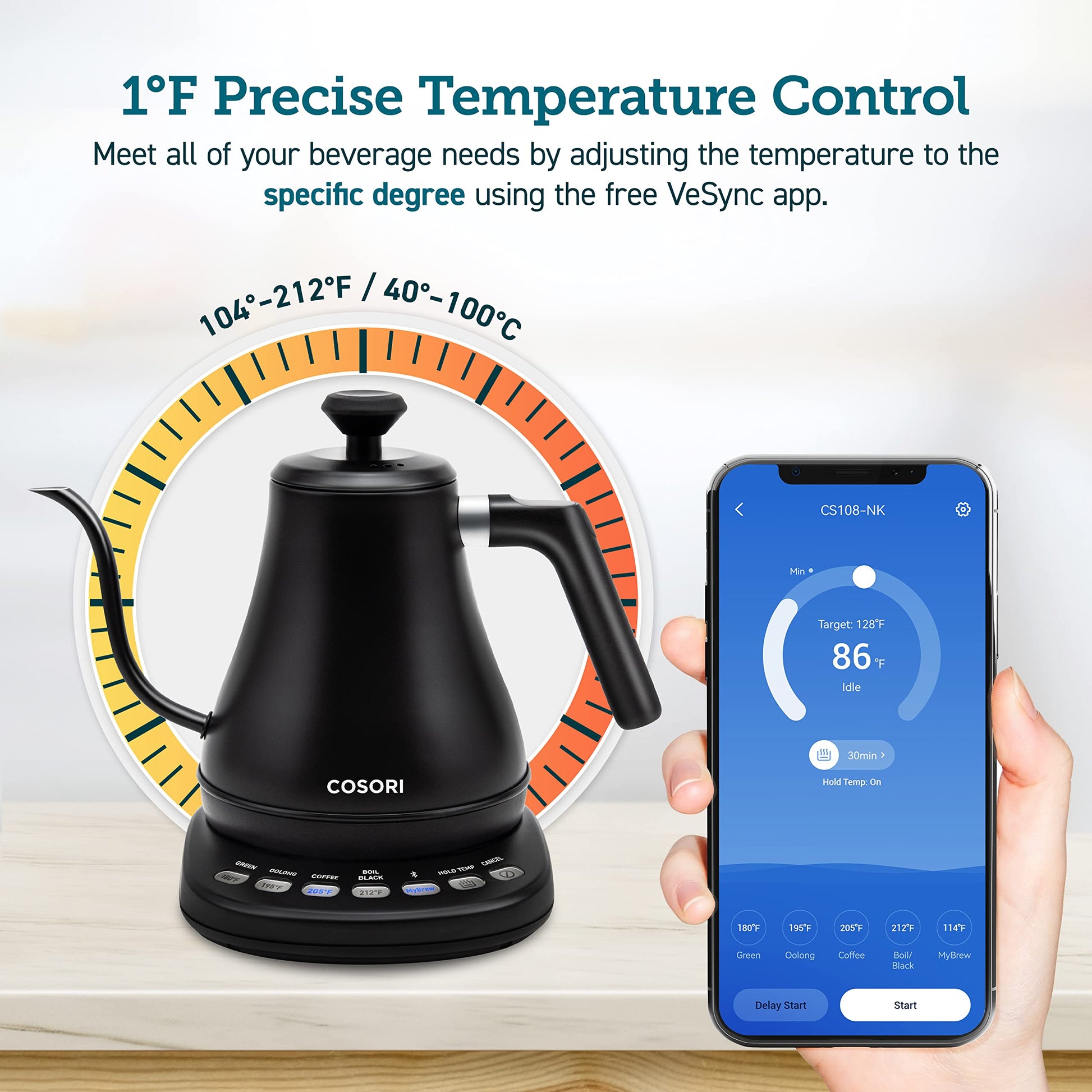 Cosori Smart Gooseneck Electric Kettle, App & Temperature Control, 0.8L