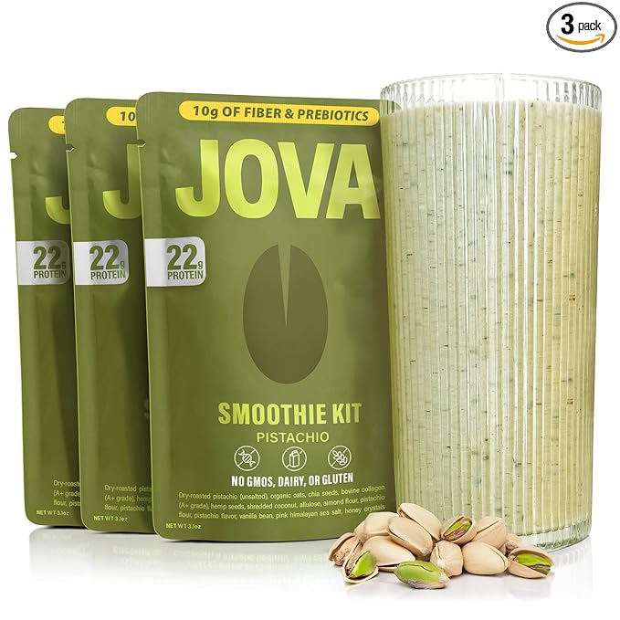 JOVA Pistachio Smoothie Mix | Healthy Snack with Whole Foods: Oats, Cacao, Cashews, Collagen & Chia Seed | Ready in 1 Minute (22g Protein, 10g Fiber, 4g Sugar), 3-Pack