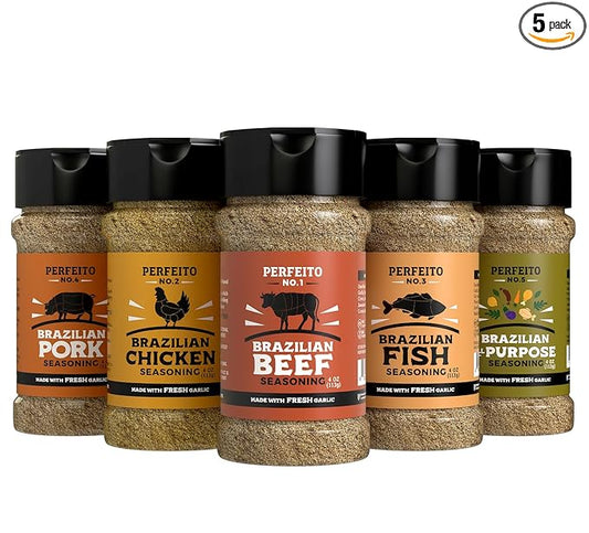 Brazilian Essence Gourmet Seasoning Set - 5 Unique Blends for Beef, Chicken, Seafood, Pork and All Purposes, Gluten-Free, Natural, Sugar Free, No Preservatives, Premium, Rich Flavor. Perfeito Seasoning.