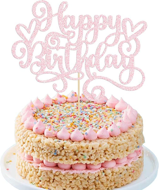 Gyufise 1Pcs Happy Birthday Cake Topper Glitter Cake Pick Bunting Decor for Anniversary Celebrating Party Cake Decorations Supplies Light Pink