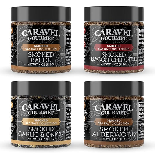 Alderwood Smoked Sea Salt Mega Sampler, Smoked Bacon Chipotle, Garlic & Onion Sea Salt, 4 oz Jar 4-Pack, Caravel Gourmet